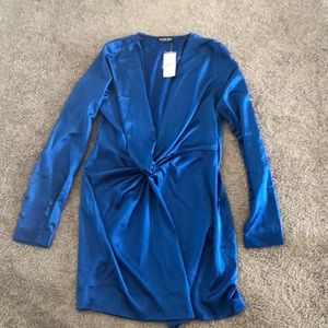 Royal Blue Deep Plunge Satin Dress